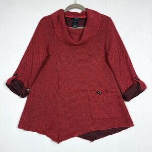 Ali Miles Top Women Medium Red Textured Knit Tunic Roll Tab Sleeve Artsy Holiday
